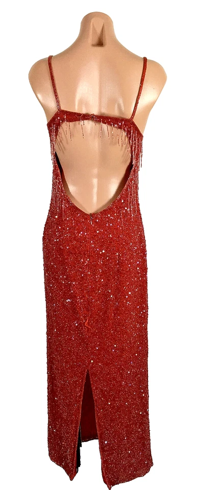Vintage Scala Red Fringe Beaded Sequin Prom Formal Evening Party Dress Gown S/M - Image 2 of 4