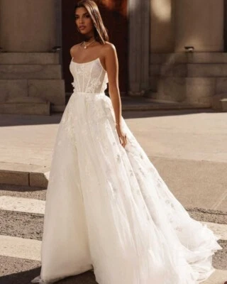 Boho Brautkleid Hochzeitskleid A-Linie Ärmellos Weiß Ivory Maßgeschneidert - Bild 1 von 4