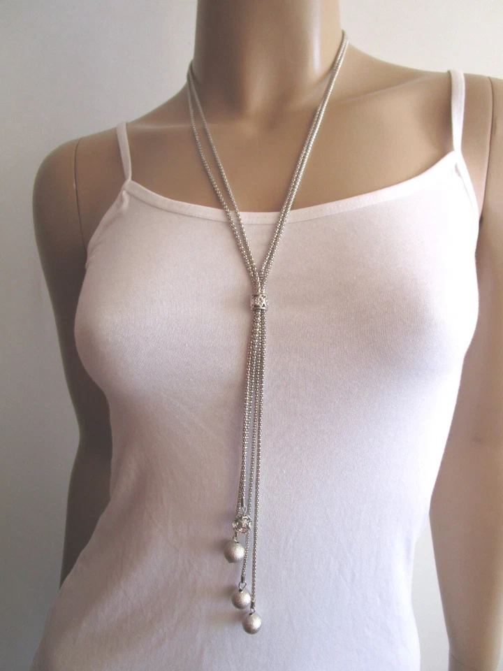 Damen Hals Kette lang Y Modekette Silber Kugeln Perlen Strass Lagenlook Trend - Bild 4 von 4