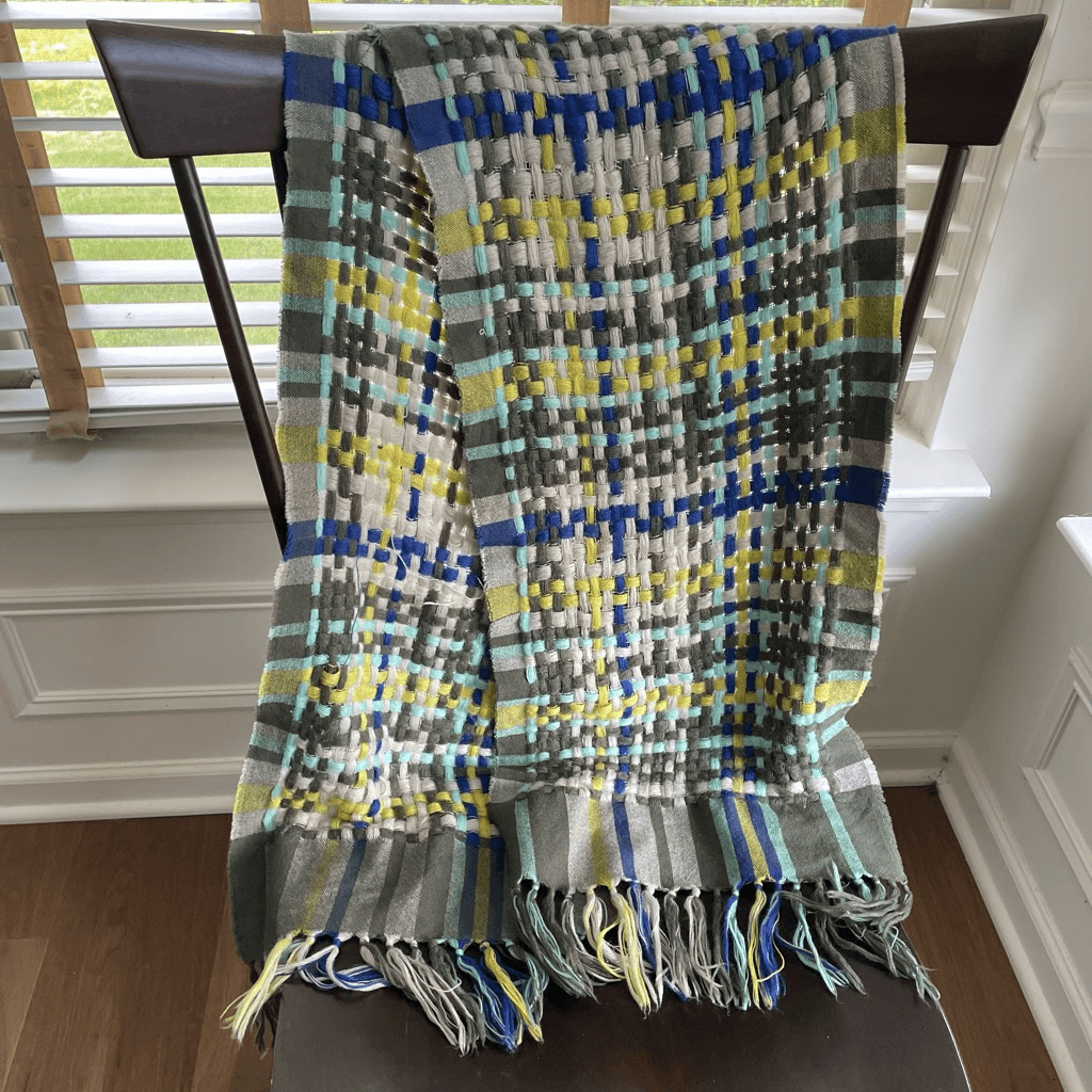 Stile Benetton Large Basketweave Scarf Blue Olive Green Yellow