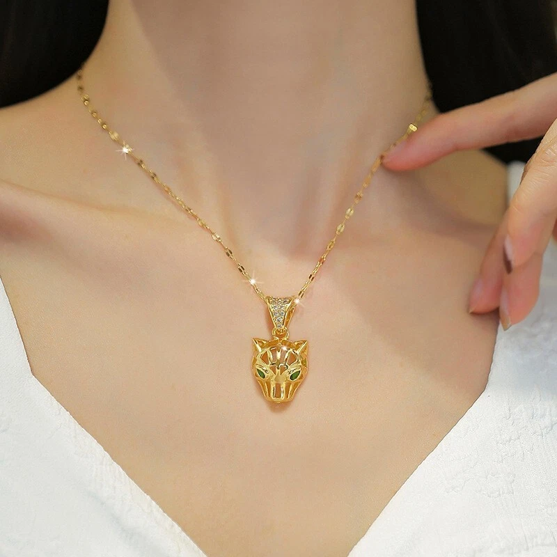 Luxury Gold color Stainless Steel Necklace Hollow Leopard Head Pendant gift