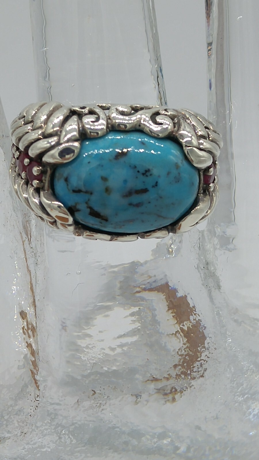 Turquoise and Ruby Sterling Silver Ring Size 6 - image 1