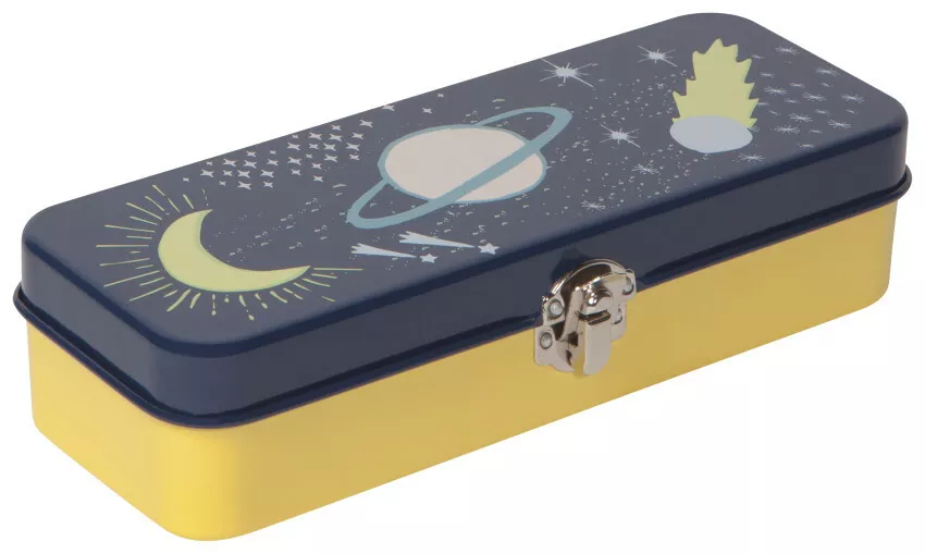 NOW DESIGNS DANICA 'COSMIC' PENCIL BOX METAL/TIN FRONT CLASP LARGE