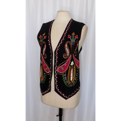 Chaleco De Colección EREZ LEVY Cuero Bordado Cachemira Floral Boho Arte Popular Grande - Imagen 3 de 9