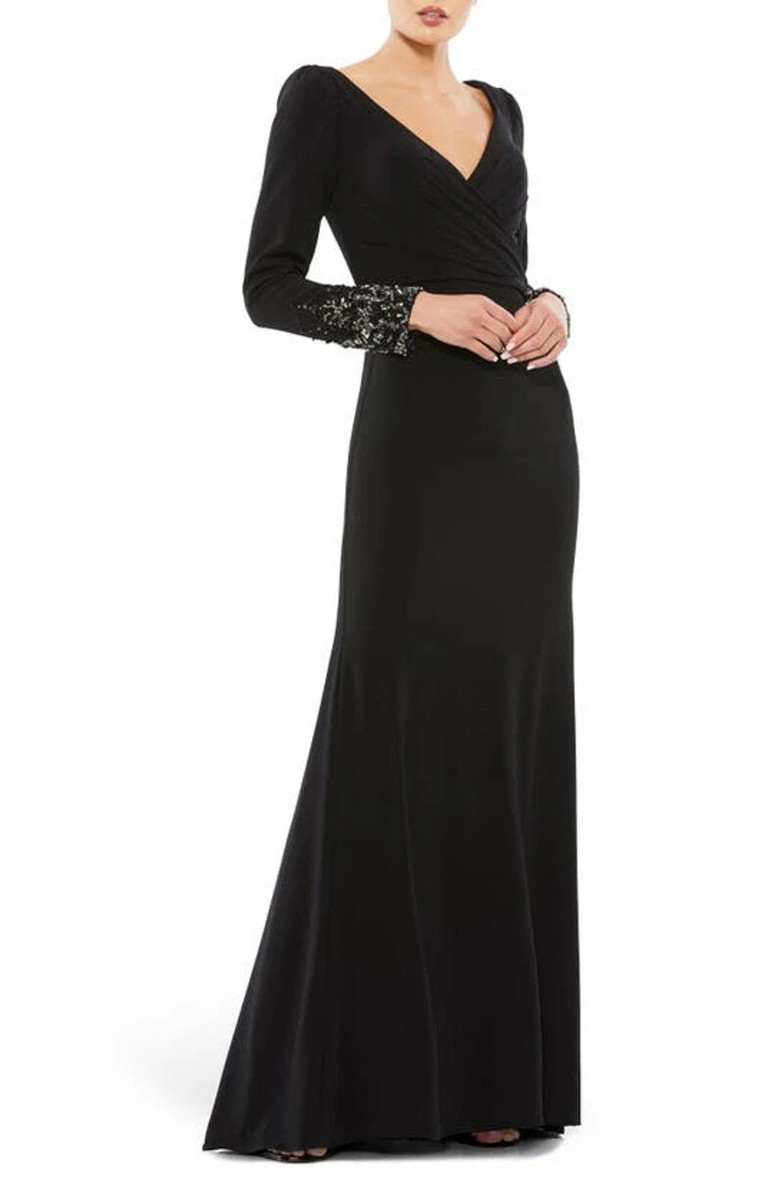 MAC DUGGAL フェイクラップ ロングスリーブ ガウン Mac Duggal Black Beaded Cuff Long Sleeve Wrap Front Gown