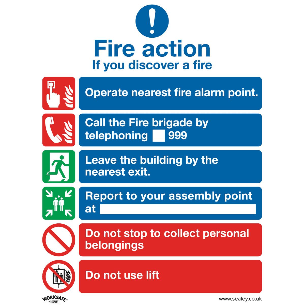 Sealey SS19P10 Safe Conditions Safety Sign - Fire Action With Lift - Rigid