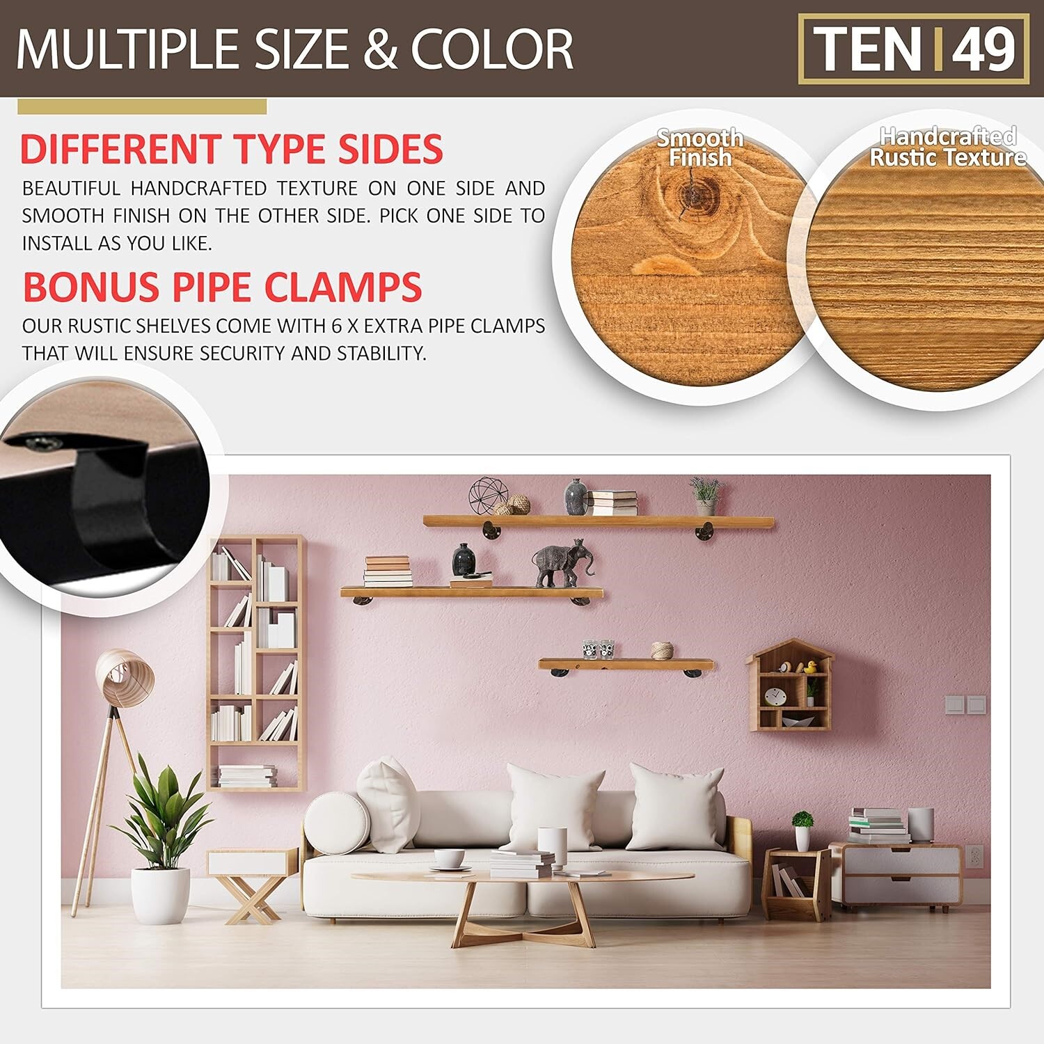 Pair TEN49 60" Industrial Pipe Rustic Real Wood Wall Shelf Shelves Mantel NEW