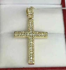 2Ct Round Lab Created Diamond Cross Pendant 14K Yellow Gold Plated Silver Chain