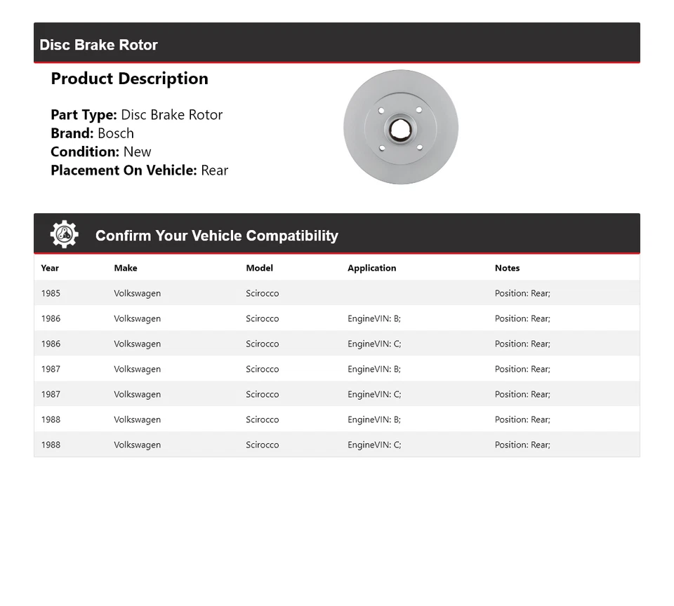 Для 1985-1988 Volkswagen Scirocco Bosch тихий литой дисковый тормоз ротор задний 1986 - Изображение 2 из 4