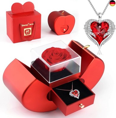 Echte Ewige Rose mit Halskette Schmuck Geschenkbox,Konservierte Rose Blumen