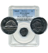 2004P Canada 5 Cents, MINT ERROR, Struck on 1.8g Magnetic Plan - PCGS MS64