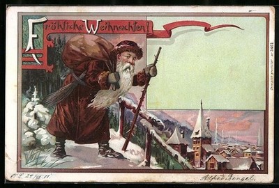 Santa Claus with Gift Bag in Front of Snowy Place, Postcard 1901 