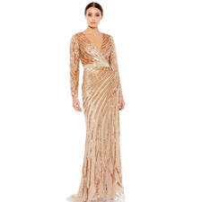 Mac Duggal 5438 Gold Copper Long Sleeve Streaked Sequin Gown Size 8 NWT