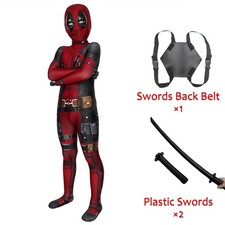 Kids Halloween Deadpool Cosplay Bodysuit Plastic Swords Kit Boy Jumpsuit Costume