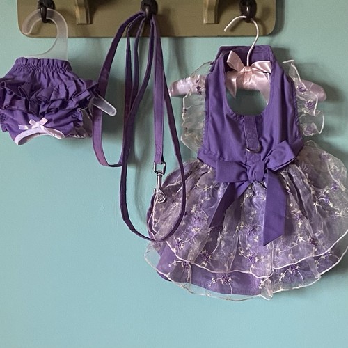 Dog Ruffles & Embroidered Lace Dress with 6' Leash & Underpants Purple Easter