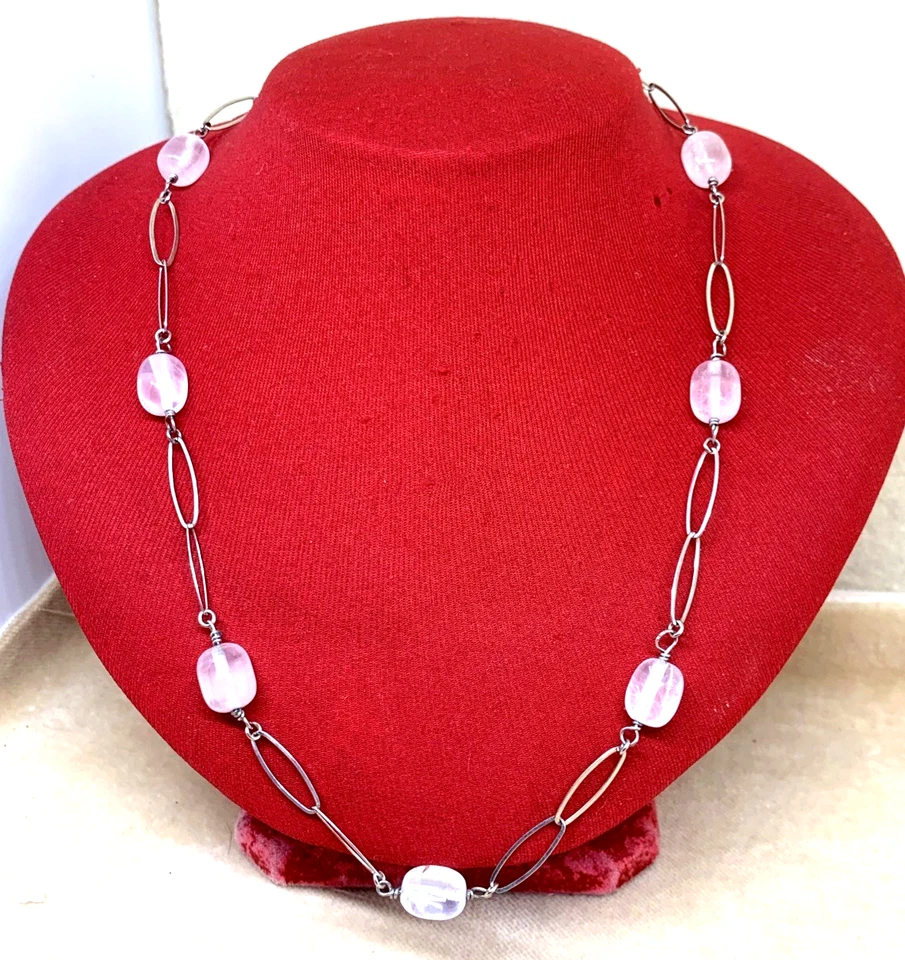 COLLANA ANNI 70 IN ARGENTO 925 E BARILOTTI DI QUARZO ROSA LUNGA CM 50 - Immagine 2 di 4