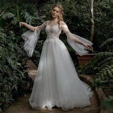 Boho chiffon wedding dresses Lace Spplique Flared Long Sleeves Bridal Gowns