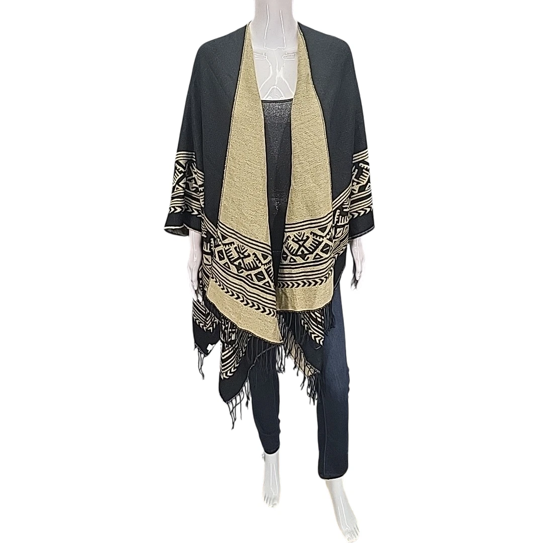 Indigo Thread Co Womens One Size Black and Tan Geometric Pattern Poncho