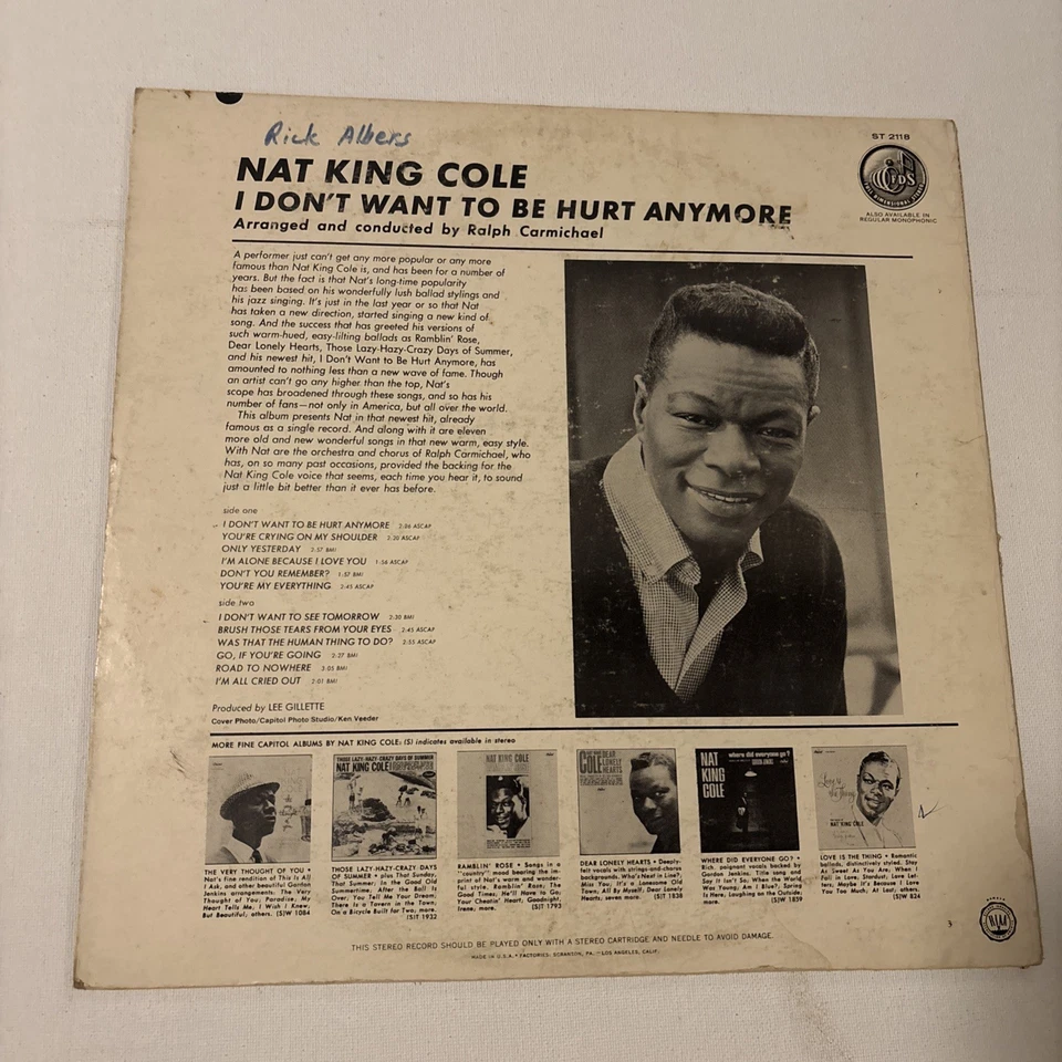 NAT KING COLE I DONT WANT TO BE HURT ANYMORE LP 1964 CAPITOL VG/VG - Image 2 of 4