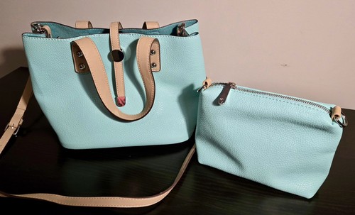 Charming Charlie Leather Bucket 2 piece Bag Crossbody Purse Cyan/Teal
