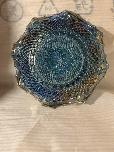 Vintage Indiana Glass Blue Iridescent Carnival Glass Diamond Point Ruffled Bowl