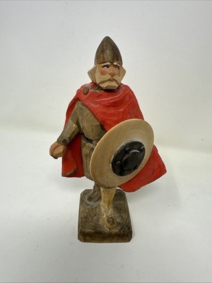 Norway Wood Carved Figure Viking Henning  WithShield Carved by Hand Painted 8''