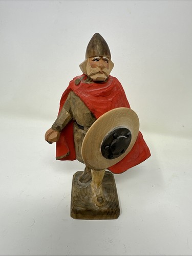 Norway Wood Carved Figure Viking Henning  WithShield Carved by Hand Painted 8"