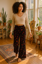 Urban Outfitters Palazzo Pants SZ 2 Black Velvet Floral Boho Flare Leg High Rise