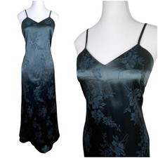 Satin Slip Maxi Dress Floral Jacquard Spaghetti Strap Bias Cut Y2K Demure Vamp