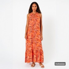 Nine West Women's Orange Geo Print Halter Rayon Sleeveless Maxi Dress Large