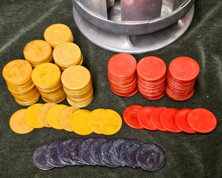 Marble Catalin Swirl Bakelite Poker Chip & AMAZING Aluminum Carousel DIspenser