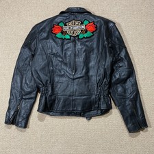 Harley Davidson Patch Leather Biker Jacket Womens Medium Heavy Hide Red Lining