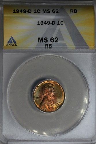 1949-D .01 ANACS MS 62 RB Lincoln Head Cent, Lincoln One Cent - Picture 3 of 3