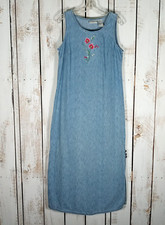 VTG Denim Maxi Overall Dress Sz 10 Embroidered Flowers CottageCore Jumper Blue