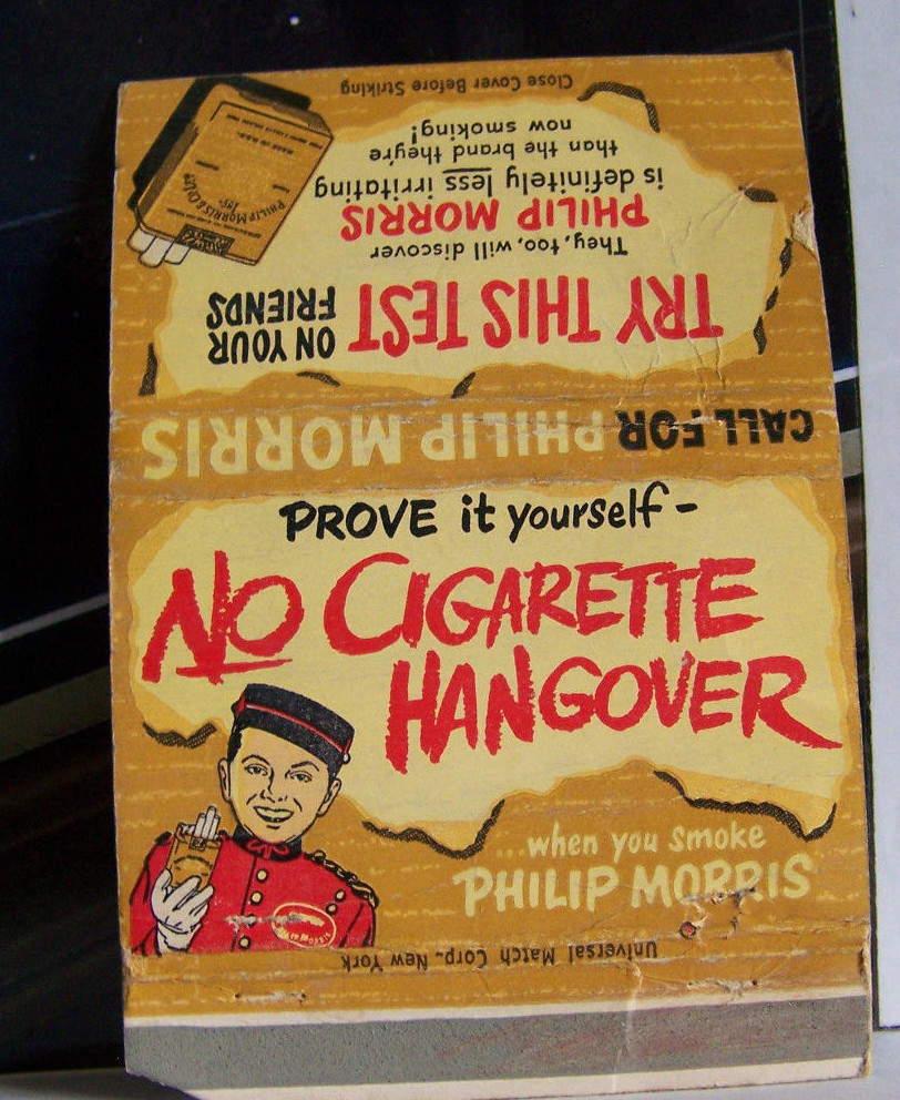 cigarette hangover Rare Vintage Matchbook Cover No Cigarette Hangover Philip Morris Try This  Test