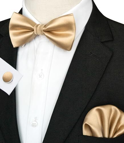 Mens Solid Color Pre-tied Bow Tie and Pocket Square Cufflink Set Gold - Bild 2 von 4