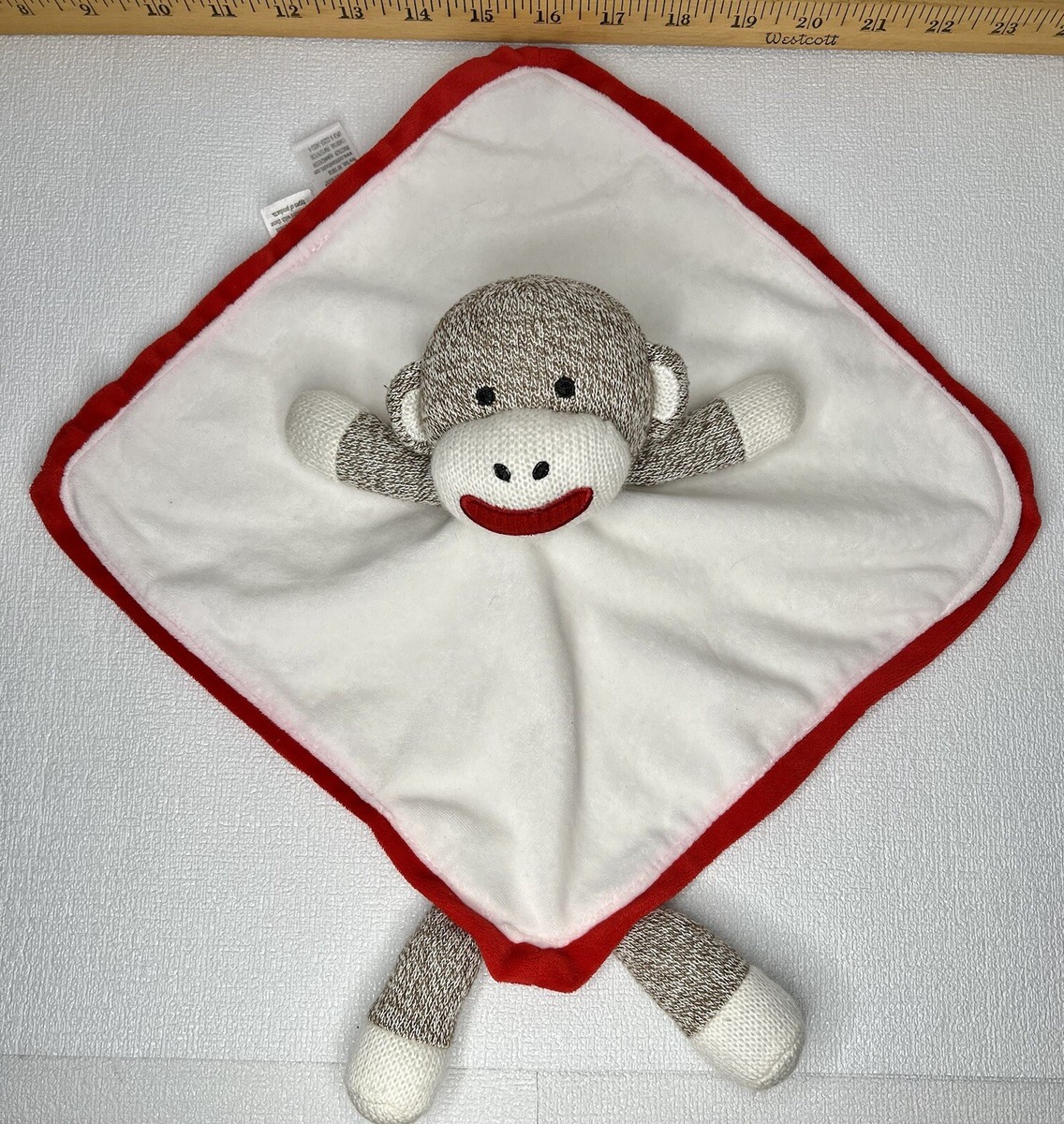 SOCK MONKEY Knit Lovey Baby Starters Security Blanket Satin Plush
