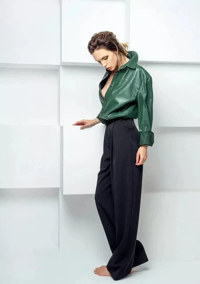 New Women Shirt Green Handmade Genuine Leather Lambskin Stylish Casual Formal - Image 3 of 4