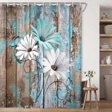 Farmhouse Flower Floral Shower Curtain, Rustic Teal 69"Wx70"L Daisy-teal