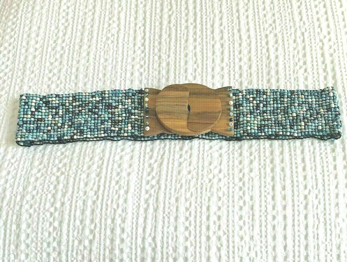 Turquoise Beaded Stretch Belt Wooden Interlocking Buckle 