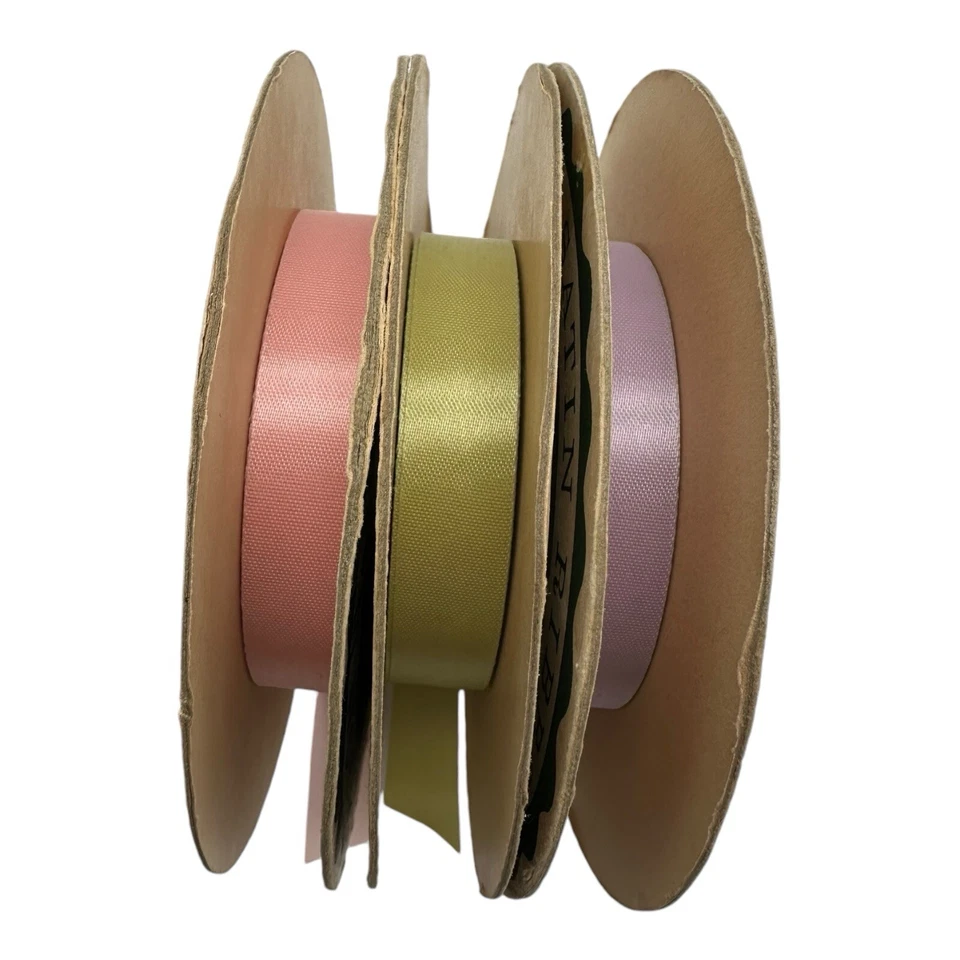 3 Vintage Dexter Brand Fancy Satin Ribbon Rolls Light Pink Green Lavender - Image 4 of 4