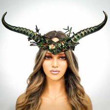 Horns Headband Rams Deer Twisted Horns Halloween Headpiece Cosplay Green Gold