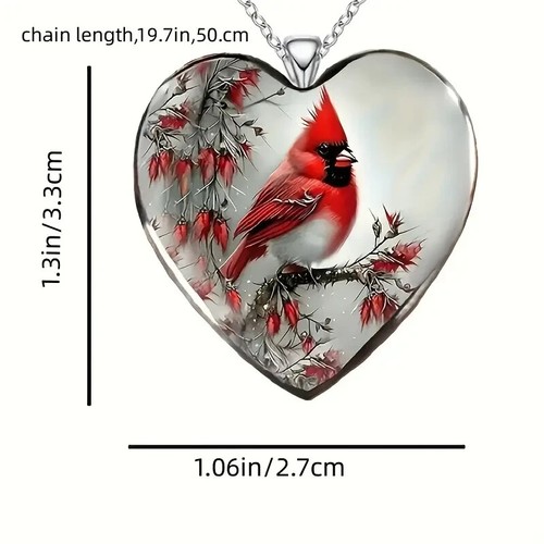 Cardinal Heart Shaped Necklace Jewelry Holiday Gift For Friends Red Bird - Picture 4 of 4