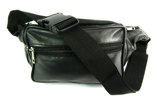 Super Soft Real Leather Black Zip Pouch Bum Bag Money Travel Waist Belt Wallet - Picture 2 of 12