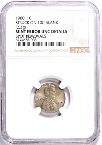 1980 Lincoln Cent struck on 10c blank  NGC Unc details   deep rainbow toning!