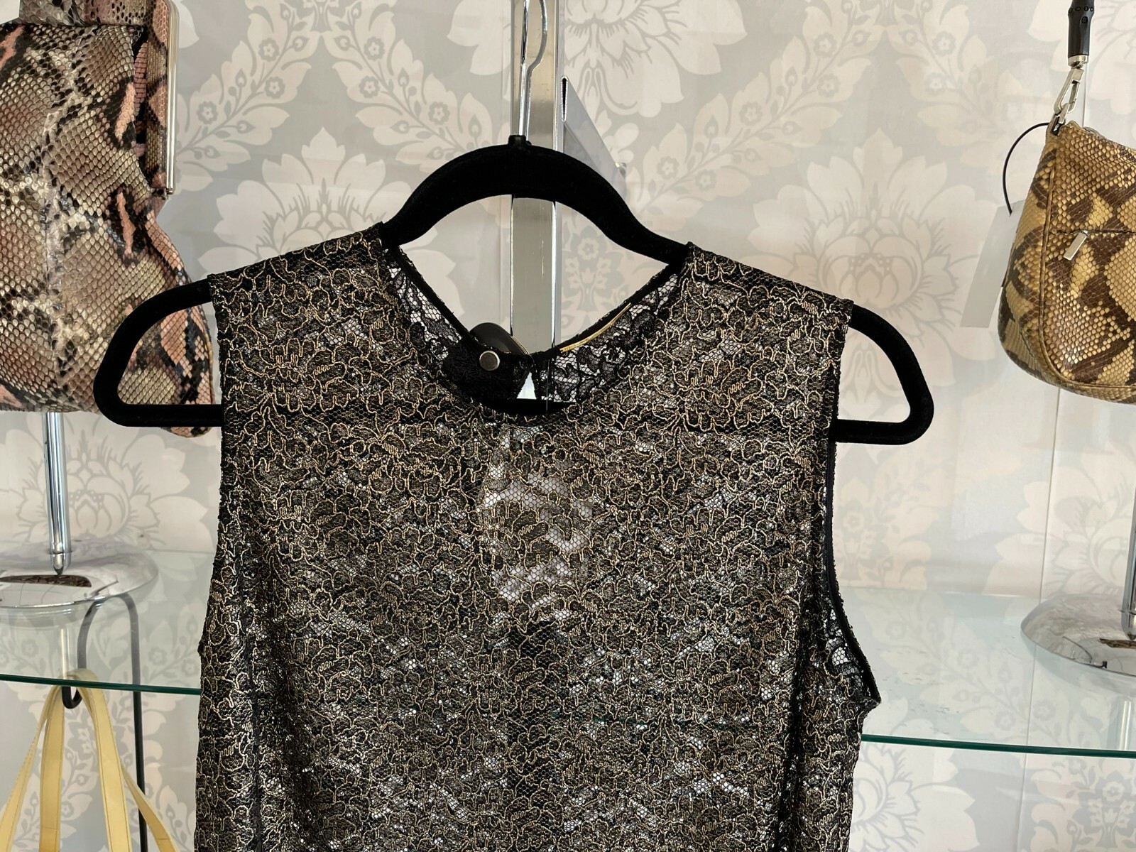 Top senza maniche SAINT LAURENT nero oro misto viscosa seta trasparente pizzo taglia 44 $995