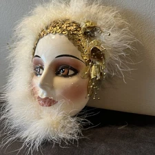 Vintage Clay Art Lady Face Mask w/Feathers Ceramic Wall Hanging by Claudia Cohen
