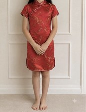Girl's Traditional Qipaos Red Chinese Dress Golden Wintersweet Blossom Size 14