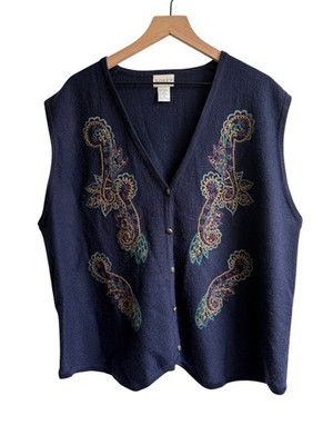 Vintage Koret Sweater Vest 1X Paisley Embroidered Embellished Beaded Plus