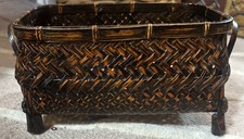 Vintage Handwoven Bamboo Basket with Raised Legs Boho Wicker Organizer Decor
